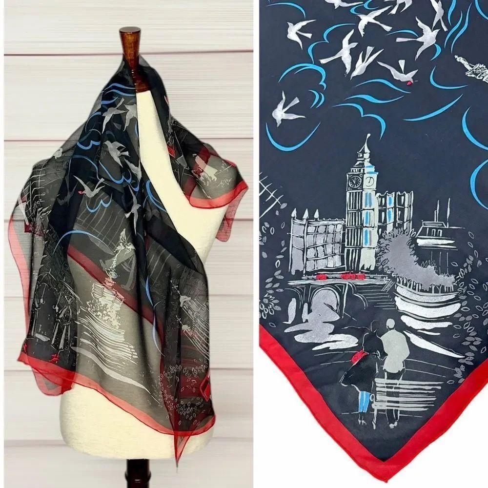 Lulu Guinness Silk Chiffon Scarf London Conture Themed Black Red Sheer 33x33"